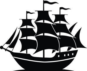 Classic tall ship silhouette with full sails vector illustration