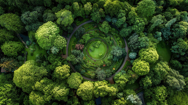 Aerial view of a lush green forest canopy with a circular clearing
