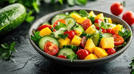Vibrant salad bowl with mango, cucumber, tomatoes