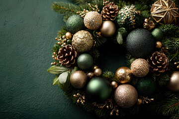 Elegant christmas wreath with green and gold ornaments and pinecones on dark background