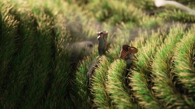Tea Farmer Working Hard in Green Plantation Rows - Traditional Agricultural Labor