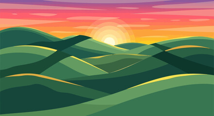 Obraz premium Rolling green hills bathed in the warm glow of a vibrant sunset, creating a serene and picturesque landscape.