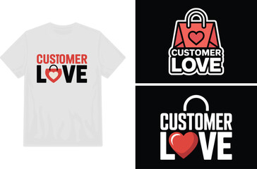 T-shirt and shopping bag mockups featuring a 'customer love' design are presented.