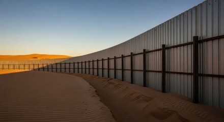 Desert metal fence: sunset dunes and protective barrier landscape