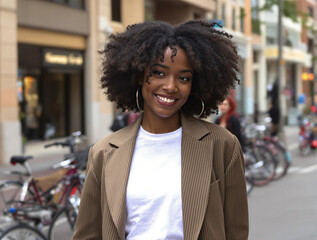 Smiling Woman with Natural Hair in Brown Blazer on City Street
