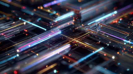 Abstract digital network with glowing neon lights and circuitry