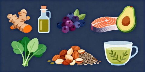 Anti-inflammatory diet - A collection of clean vector icons showcasing a variety of anti-inflammatory foods for design and health-related projects.