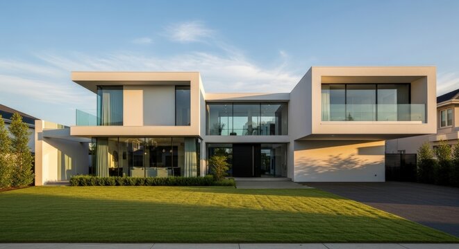 Contemporary residential house with large glass windows and a well-maintained front yard - Powered by Adobe