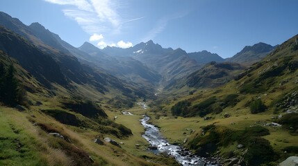 Majestic mountain valley showcases rugged slopes and a meandering stream under clear blue sky