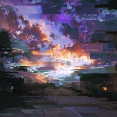 Fototapeta premium Colorful Glitch-Style Abstract Sunset Landscape