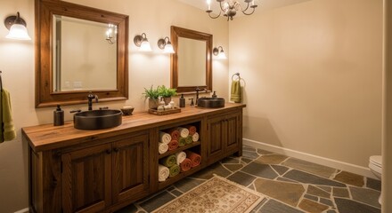 Rustic bathroom interior with double vanity, dark wood cabinet, vessel sinks, and stone floor