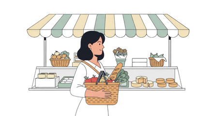 Woman shopping at a farmers market with a basket of groceries.