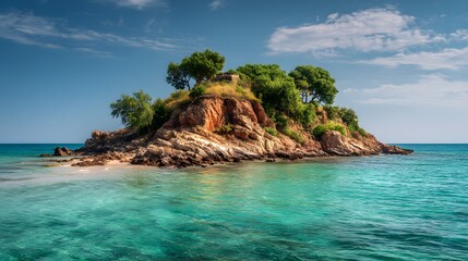 Small tropical island featuring rocky shore and vibrant turquoise water under a clear blue sky