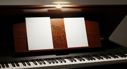 Elegant wooden piano with sheet music on music stand