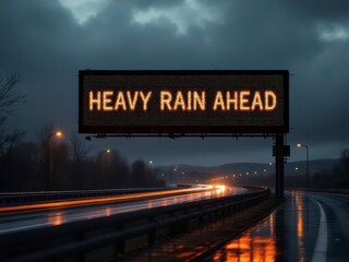 Billboard warning of heavy rain ahead at night over the highway