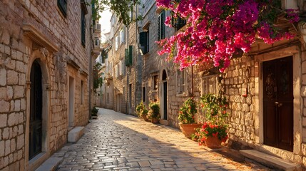 Obraz premium Sunlight illuminates narrow cobblestone alley flanked by historic stone buildings adorned with vibrant blossoms