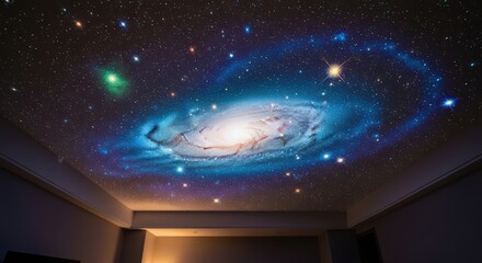Impressive galaxy mural on ceiling with vibrant cosmic details in room