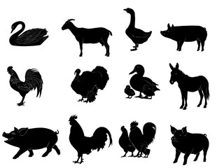 Black silhouette drawing of farm animals Vector illustration