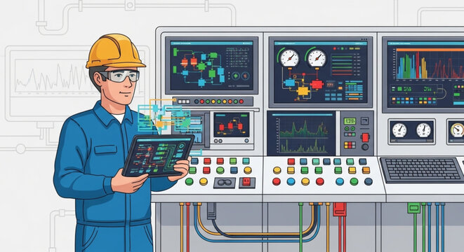 Factory Automation Technician Supervising Real-Time SCADA Dashboard flat vector