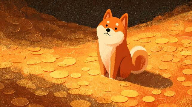 Adorable canine companion sits amidst a vast collection of shiny gold currency