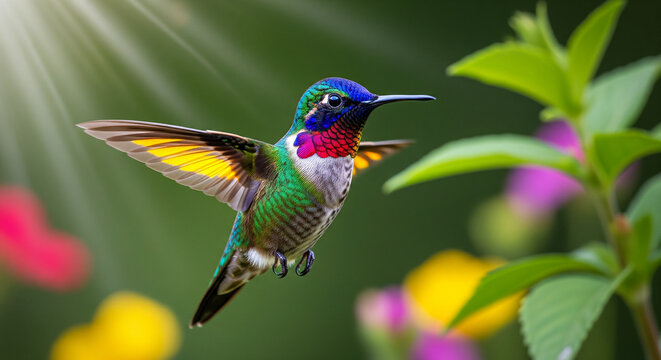 Stunning hummingbird in vibrant flight, a burst of color against lush green foliage, a perfect illustration of nature's delicate beauty and wildlife wonder