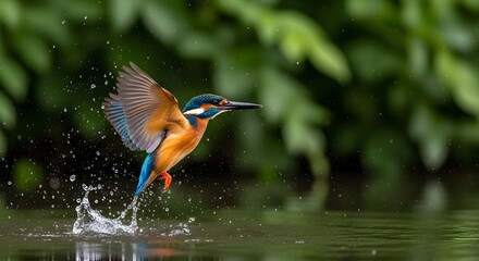 Common kingfisher emerges from water with wings spread in a blur of motion