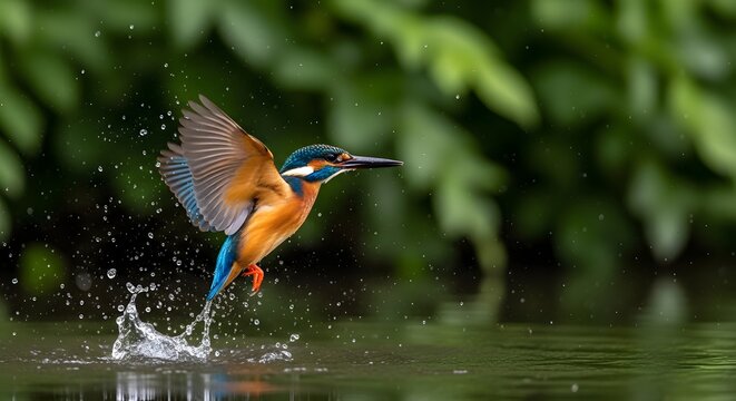 Common kingfisher emerges from water with wings spread in a blur of motion - Powered by Adobe
