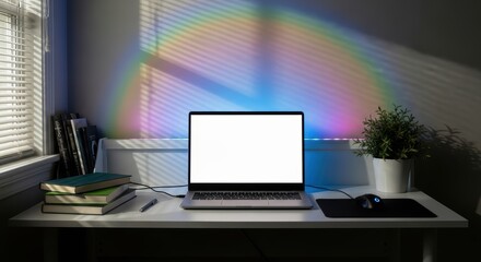 Fototapeta premium Laptop on white desk in sunlit room with rainbow and indoor plant