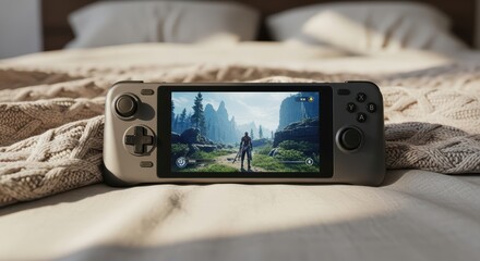 Handheld gaming console on bed displaying open-world adventure game
