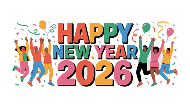 Joyous New Year 2026 Celebration: A vibrant gathering of diverse individuals exuberantly celebrate the dawn of the year 2026.