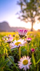 Obraz premium Daisies in a field at golden hour, with a tree & mountain faintly visible in the distance