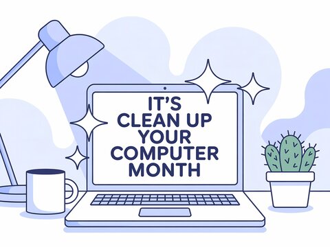 Illustration promoting computer clean up your computer month with a sparkling laptop and desk accessories