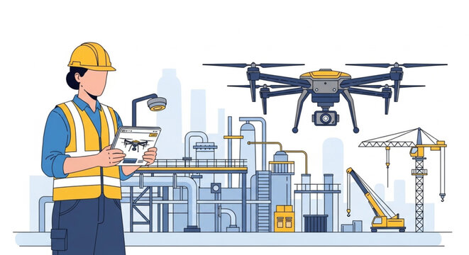 Field Engineer Conducting UAV Structural Integrity Inspection &ndash; Vector Illustration