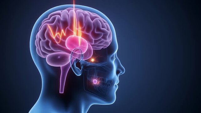 Anatomical 3d animation of the human brain showing pain. Transparent head and neck made of glass, rotating, on a blue background.