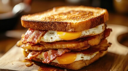 Stacked breakfast sandwich, bacon, egg