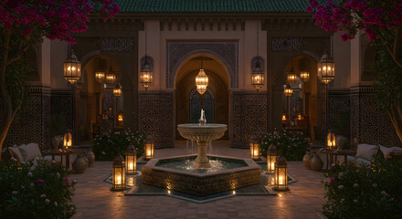 Experience luxurious tranquility in a stunning Moroccan courtyard with a fountain and glowing lanterns