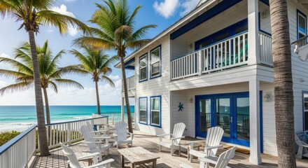 Beachfront house with palm trees and ocean view from patio with chairs
