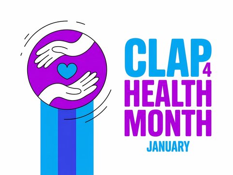 Clap for health month january graphic with hands embracing a heart symbol and colorful abstract elements