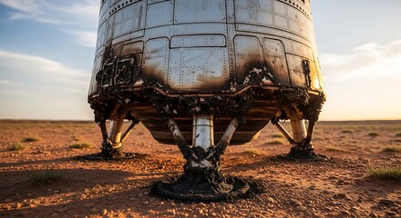 The aftermath of a rocket landing in a vast desert, showing the scorched base of the spacecraft