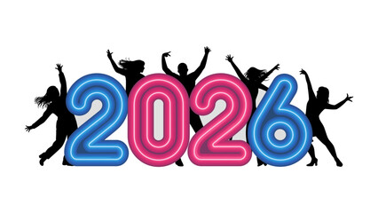 New Year 2026 Celebration: Capturing the excitement of new year, a neon-lit 2026 shines brightly as dancing figures rejoice.