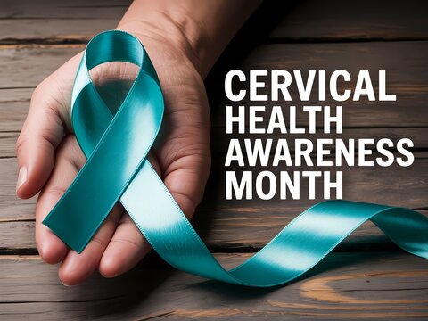 Teal ribbon held in hand symbolizes cervical health awareness month and the fight against cervical cancer