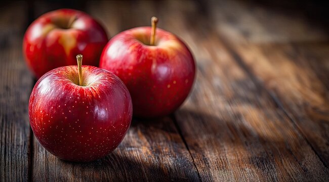 Three red apples on rustic wooden table