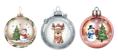 Collection of three festive Christmas ornaments featuring cute snowmen, a charming reindeer, and decorated evergreen trees, perfect for holiday season decorations.