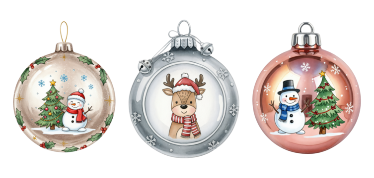 Collection of three festive Christmas ornaments featuring cute snowmen, a charming reindeer, and decorated evergreen trees, perfect for holiday season decorations. - Powered by Adobe