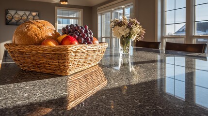 Sunlit Dining Table with Bread and Fruit Basket