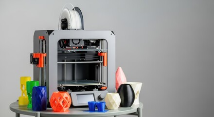 Fototapeta premium Colorful 3d printed objects surround modern 3d printer on table