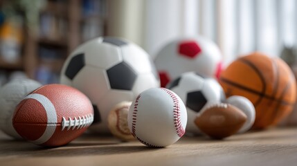 Collection of Diverse Sports Equipment Displayed on Wooden Surface Indoors