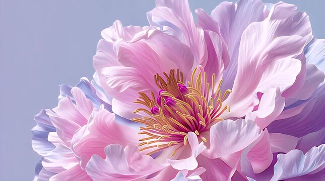 A close-up of a delicate, layered flower bloom featuring a spectrum of pink, lavender, and white petals. Central stamen details. Background is a soft, blurred light purple