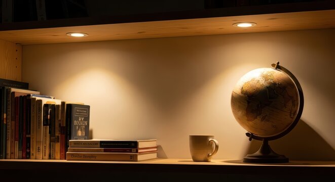 Cozy bookshelf with illuminated globe and mug in warm lighting