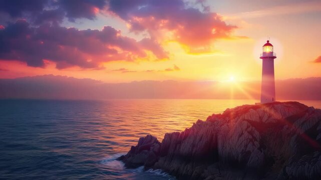 Lighthouse at sunset on rocky shore with vibrant colors